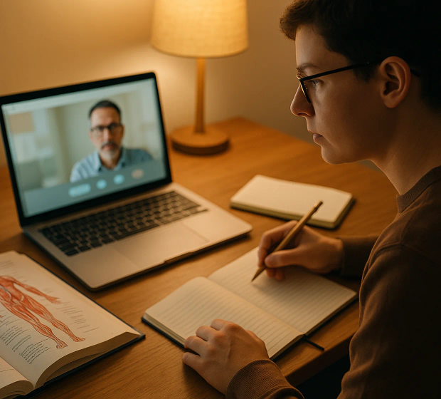 Illustrative scene: a medical student studying at a warmly lit desk during an online video tutoring session
