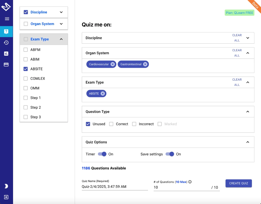 QLearn build-a-quiz screen with topic and question-count selection